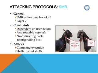 ATTACKING PROTOCOLS: SMB
• General
SMB is the come back kid!
Layer 7
• Constraints
Dependent on user action
Any routable network
No connecting back
to originating host
• Attacks
Command execution
Shells..aaand shells
 