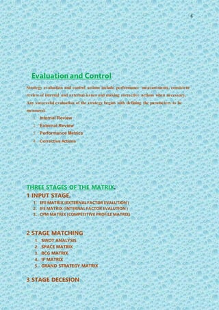6
Evaluation and Control
Strategy evaluation and control actions include performance measurements, consistent
review of internal and external issues and making corrective actions when necessary.
Any successful evaluation of the strategy begins with defining the parameters to be
measured.
1. Internal Review
2. External Review
3. Performance Metrics
4. Corrective Actions
THREE STAGES OF THE MATRIX.
1 INPUT STAGE.
1. EFE MATRIX (EXTERNAL FACTOR EVALUTION )
2. IFE MATRIX (INTERNAL FACTOR EVALUTION )
3. CPM MATRIX (COMPETITIVE PROFILE MATRIX)
2 STAGE MATCHING
1. SWOT ANALYSIS
2. SPACE MATRIX
3. BCG MATRIX
4. IF MATRIX
5. GRAND STRATEGY MATRIX
3 STAGE DECESION
 