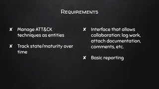 Requirements
✘ Manage ATT&CK
techniques as entities
✘ Track state/maturity over
time
✘ Interface that allows
collaboration: log work,
attach documentation,
comments, etc.
✘ Basic reporting
 