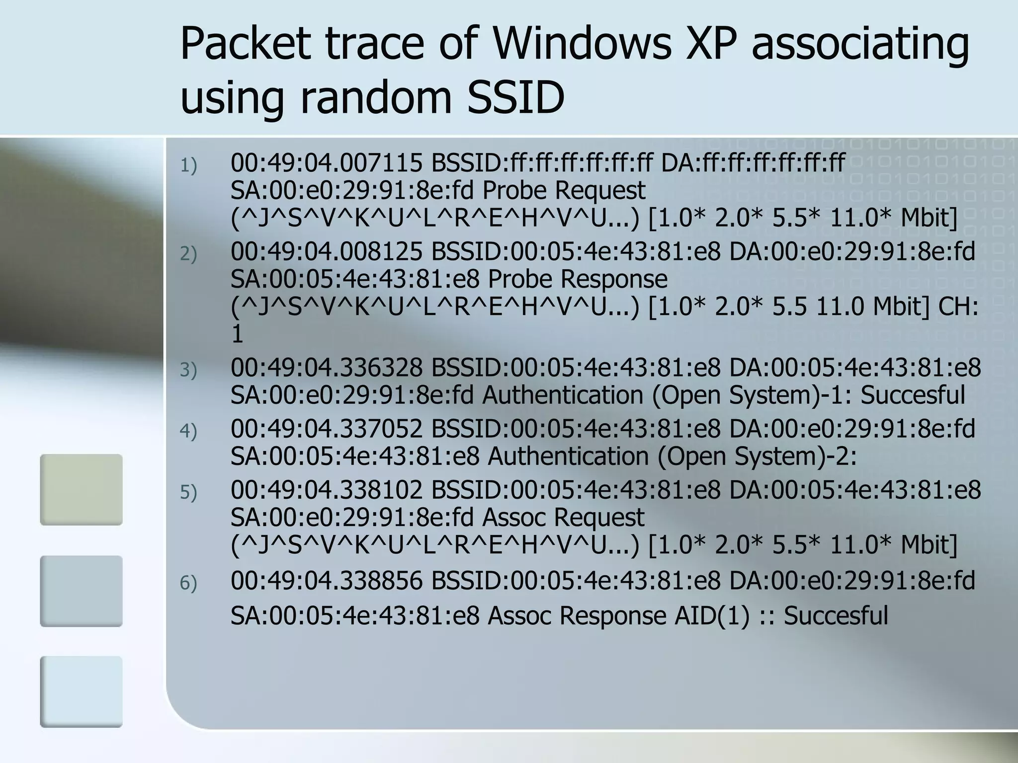 Packet trace of Windows XP associating using random SSID 00:49:04.007115 BSSID:ff:ff:ff:ff:ff:ff DA:ff:ff:ff:ff:ff:ff SA:00:e0:29:91:8e:fd Probe Request (^J^S^V^K^U^L^R^E^H^V^U...) [1.0* 2.0* 5.5* 11.0* Mbit]  00:49:04.008125 BSSID:00:05:4e:43:81:e8 DA:00:e0:29:91:8e:fd SA:00:05:4e:43:81:e8 Probe Response (^J^S^V^K^U^L^R^E^H^V^U...) [1.0* 2.0* 5.5 11.0 Mbit] CH: 1  00:49:04.336328 BSSID:00:05:4e:43:81:e8 DA:00:05:4e:43:81:e8 SA:00:e0:29:91:8e:fd Authentication (Open System)-1: Succesful  00:49:04.337052 BSSID:00:05:4e:43:81:e8 DA:00:e0:29:91:8e:fd SA:00:05:4e:43:81:e8 Authentication (Open System)-2:  00:49:04.338102 BSSID:00:05:4e:43:81:e8 DA:00:05:4e:43:81:e8 SA:00:e0:29:91:8e:fd Assoc Request (^J^S^V^K^U^L^R^E^H^V^U...) [1.0* 2.0* 5.5* 11.0* Mbit]  00:49:04.338856 BSSID:00:05:4e:43:81:e8 DA:00:e0:29:91:8e:fd SA:00:05:4e:43:81:e8 Assoc Response AID(1) :: Succesful   