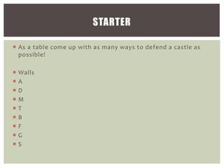 STARTER
 As a table come up with as many ways to defend a castle as
possible!










Walls
A
D
M
T
B
F
G
S

 