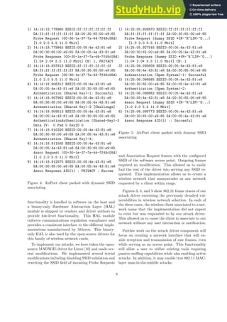 1) 14:14:18.778980 BSSID:ff:ff:ff:ff:ff:ff
DA:ff:ff:ff:ff:ff:ff SA:00:30:65:00:e9:65
Probe Request (00-30-1e-37-7a-44-7f49c08d)
[1.0 2.0 5.5 11.0 Mbit]
2) 14:14:18.779845 BSSID:00:05:4e:43:81:e8
DA:00:30:65:00:e9:65 SA:00:05:4e:43:81:e8
Probe Response (00-30-1e-37-7a-44-7f49c08d)
[1.0* 2.0* 5.5 11.0 Mbit] CH: 1, PRIVACY
3) 14:14:18.837813 BSSID:ff:ff:ff:ff:ff:ff
DA:ff:ff:ff:ff:ff:ff SA:00:30:65:00:e9:65
Probe Request (00-30-1e-37-7a-44-7f49c08d)
[1.0 2.0 5.5 11.0 Mbit]
4) 14:14:18.906312 BSSID:00:05:4e:43:81:e8
DA:00:05:4e:43:81:e8 SA:00:30:65:00:e9:65
Authentication (Shared Key)-1: Succesful
5) 14:14:18.907962 BSSID:00:05:4e:43:81:e8
DA:00:30:65:00:e9:65 SA:00:05:4e:43:81:e8
Authentication (Shared Key)-2 [Challenge]
6) 14:14:18.909513 BSSID:00:05:4e:43:81:e8
DA:00:05:4e:43:81:e8 SA:00:30:65:00:e9:65
AuthenticationAuthentication (Shared-Key)-3
Data IV: 0 Pad 0 KeyID 0
7) 14:14:18.910320 BSSID:00:05:4e:43:81:e8
DA:00:30:65:00:e9:65 SA:00:05:4e:43:81:e8
Authentication (Shared Key)-4:
8) 14:14:18.911565 BSSID:00:05:4e:43:81:e8
DA:00:05:4e:43:81:e8 SA:00:30:65:00:e9:65
Assoc Request (00-30-1e-37-7a-44-7f49c08d)
[1.0 2.0 5.5 11.0 Mbit]
9) 14:14:18.912575 BSSID:00:05:4e:43:81:e8
DA:00:30:65:00:e9:65 SA:00:05:4e:43:81:e8
Assoc Response AID(1) : PRIVACY : Succes
Figure 4: AirPort client parked with dynamic SSID
associating
functionality is handled in software on the host and
a binary-only Hardware Abstraction Layer (HAL)
module is shipped to vendors and driver authors to
provide low-level functionality. This HAL module
enforces communications regulation compliance and
provides a consistent interface to the different imple-
mentations manufactured by Atheros. This binary-
only HAL is also used by the open-source drivers for
this family of wireless network cards.
To implement our attacks, we have taken the open-
source MADWiFi driver for Linux [10] and made sev-
eral modifications. We implemented several trivial
modifications including disabling SSID validation and
rewriting the SSID field of incoming Probe Requests
1) 14:25:05.926870 BSSID:ff:ff:ff:ff:ff:ff
DA:ff:ff:ff:ff:ff:ff SA:00:30:65:00:e9:65
Probe Request (dummy SSID *{M-^R^LIM-^O...)
[1.0 2.0 5.5 11.0 Mbit]
2) 14:25:05.927916 BSSID:00:05:4e:43:81:e8
DA:00:30:65:00:e9:65 SA:00:05:4e:43:81:e8
Probe Response (dummy SSID *{M-^R^LIM-^O...)
[1.0* 2.0* 5.5 11.0 Mbit] CH: 1
3) 14:25:06.095809 BSSID:00:05:4e:43:81:e8
DA:00:05:4e:43:81:e8 SA:00:30:65:00:e9:65
Authentication (Open System)-1: Succesful
4) 14:25:06.096565 BSSID:00:05:4e:43:81:e8
DA:00:30:65:00:e9:65 SA:00:05:4e:43:81:e8
Authentication (Open System)-2:
5) 14:25:06.098862 BSSID:00:05:4e:43:81:e8
DA:00:05:4e:43:81:e8 SA:00:30:65:00:e9:65
Assoc Request (dummy SSID *{M-^R^LIM-^O...)
[1.0 2.0 5.5 11.0 Mbit]
6) 14:25:06.099773 BSSID:00:05:4e:43:81:e8
DA:00:30:65:00:e9:65 SA:00:05:4e:43:81:e8
Assoc Response AID(1) :: Succesful
Figure 5: AirPort client parked with dummy SSID
associating
and Association Request frames with the configured
SSID of the software access point. Outgoing frames
required no modification. This allowed us to easily
fool the rest of the driver into serving any SSID re-
quested. This implementation allows us to create a
wireless network that masquerades as any network
requested by a client within range.
Figures 3, 4, and 5 show 802.11 frame traces of our
attack driver exercising the previously detailed vul-
nerabilities in wireless network selection. In each of
the three cases, the wireless client associated to a net-
work name that the implementation did not expect
to exist but was responded to by our attack driver.
This allowed us to cause the client to associate to our
network without any user interaction or notification.
Further work on the attack driver component will
focus on creating a network interface that will en-
able reception and transmission of raw frames, even
while serving as an access point. This functionality
will allow a user to utilize existing tools requiring
passive sniffing capabilities while also enabling active
attacks. In addition, it may enable true 802.11 MAC-
layer man-in-the-middle attacks.
8
 