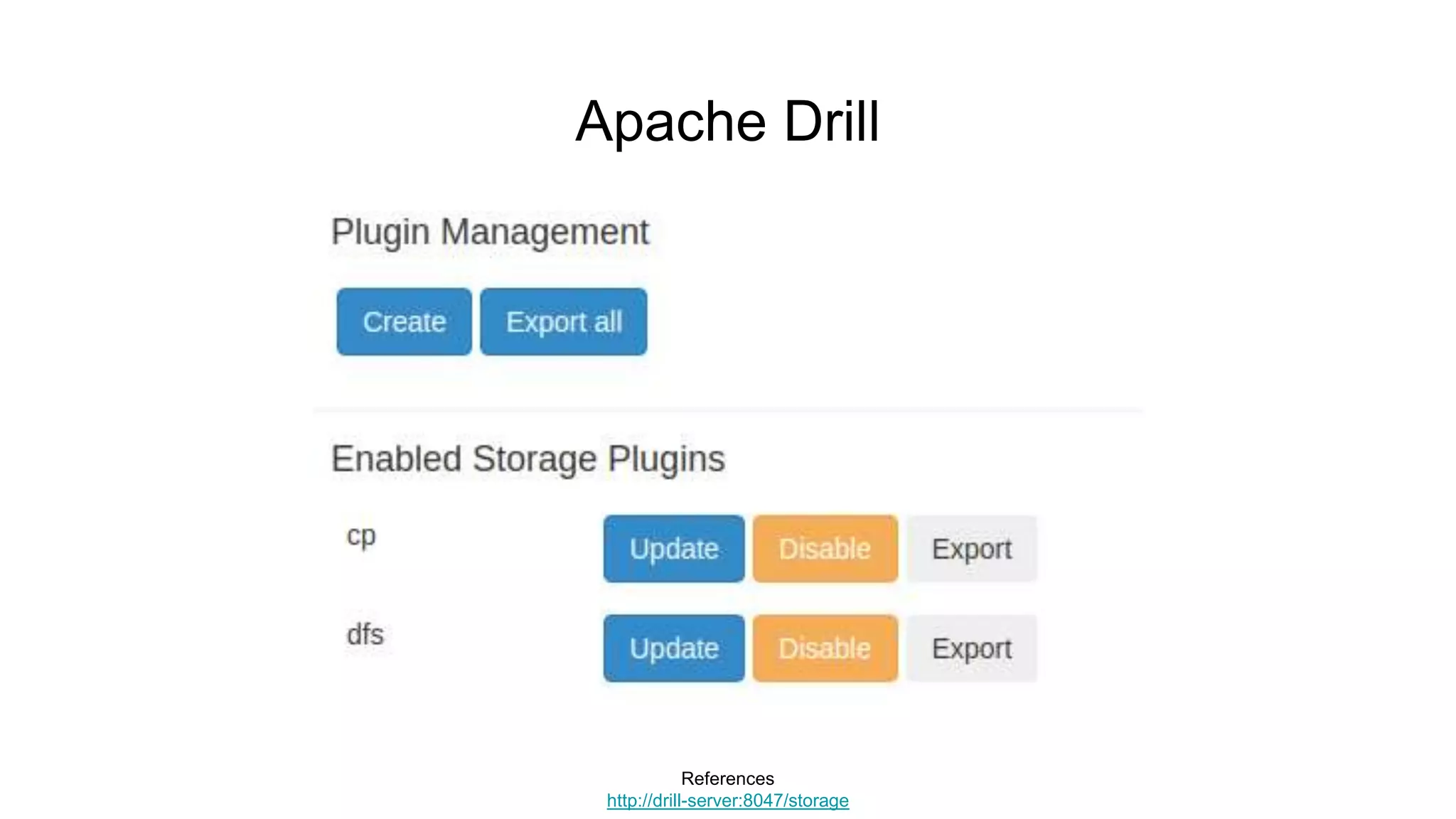 Apache Drill
References
http://drill-server:8047/storage
 