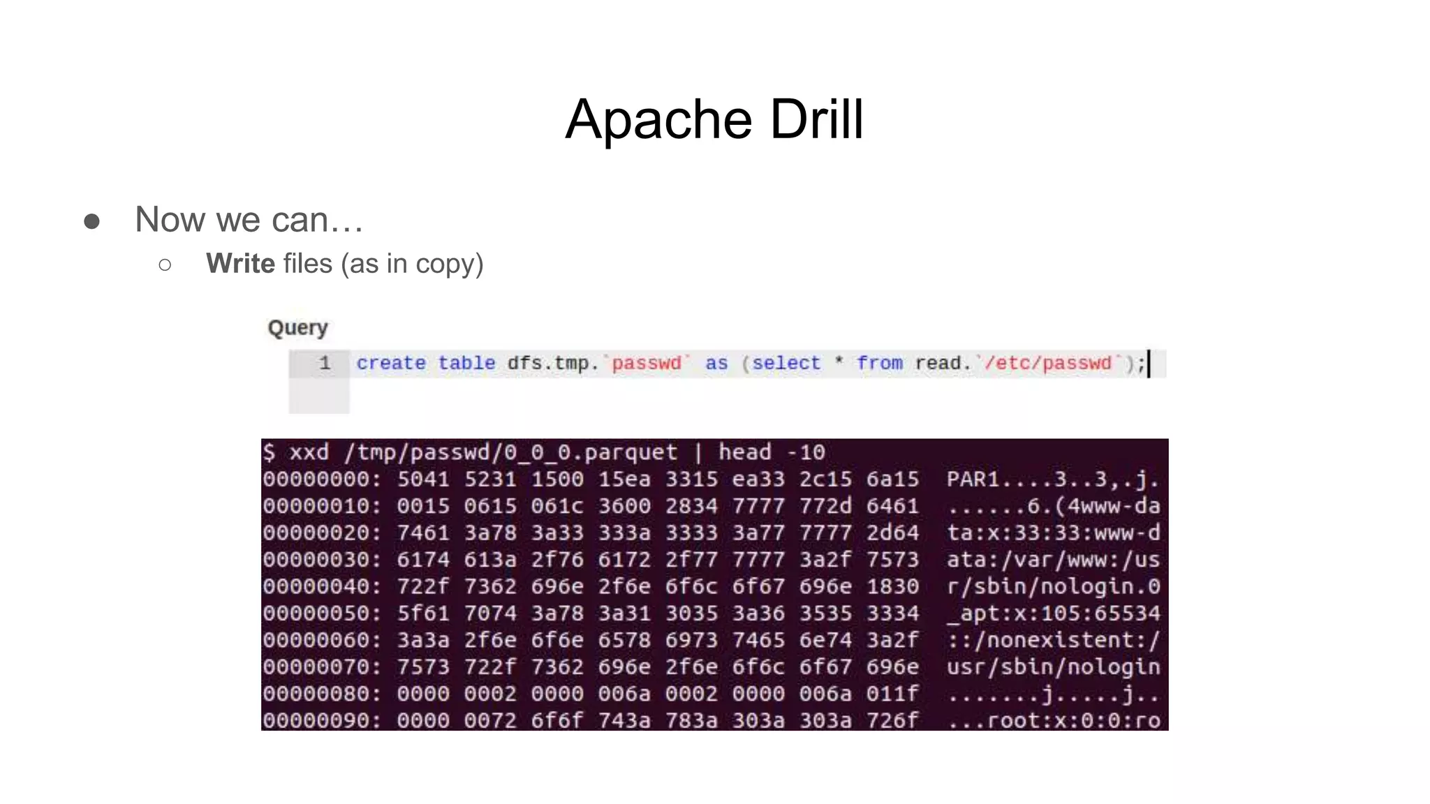 Apache Drill
● Now we can…
○ Write files (as in copy)
 