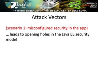 Attack Vectors 
(scenario 1: misconfigured security in the app) 
… leads to opening holes in the Java EE security 
model 
 