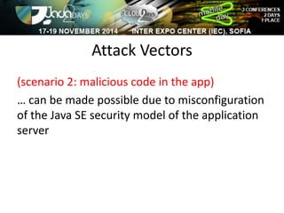 Attack Vectors 
(scenario 2: malicious code in the app) 
… can be made possible due to misconfiguration 
of the Java SE security model of the application 
server 
 