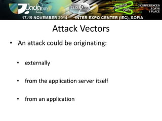 Attack Vectors 
• An attack could be originating: 
• externally 
• from the application server itself 
• from an application 
 