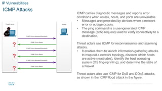 © 2020 Cisco and/or its affiliates.All rights reserved. Cisco Confidential
ICMP Attacks
ICMP carries diagnostic messages and reports error
conditions when routes, hosts, and ports are unavailable.
• Messages are generated by devices when a network
error or outage occurs.
• The ping command is a user-generated ICMP
message (echo request) used to verify connectivity to a
destination.
Threat actors use ICMP for reconnaissance and scanning
attacks.
• It enables them to launch information-gathering attacks
to map out a network topology, discover which hosts
are active (reachable), identify the host operating
system (OS fingerprinting), and determine the state of
a firewall.
Threat actors also use ICMP for DoS and DDoS attacks,
as shown in the ICMP flood attack in the figure.
IP Vulnerabilities
 