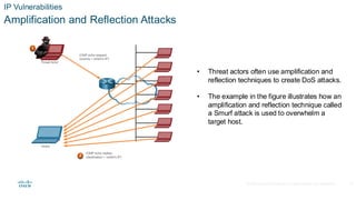 © 2020 Cisco and/or its affiliates.All rights reserved. Cisco Confidential
IP Vulnerabilities
Amplification and Reflection Attacks
• Threat actors often use amplification and
reflection techniques to create DoS attacks.
• The example in the figure illustrates how an
amplification and reflection technique called
a Smurf attack is used to overwhelm a
target host.
23
 