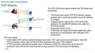 © 2020 Cisco and/or its affiliates.All rights reserved. Cisco Confidential
TCP and UDP Vulnerabilities
TCP Attacks
The TCP SYN Flood attack exploits the TCP three-way
handshake.
• The threat actor sends TCP SYN session request
packets with a randomly spoofed source IP address
to a target.
• Targeted device replies with a TCP SYN-ACK
packet to the spoofed IP address and waits for a
TCP ACK packet.
• Responses never arrive.
• Eventually, the target host denies legitimate users
because it is overwhelmed with half-open TCP
connections.
TCP reset attack
• It terminates TCP communications between two hosts. TCP uses a four-way exchange to close the
TCP connection using a pair of FIN and ACK segments from each TCP endpoint.
• A TCP connection abruptly terminates when it receives an RST bit, which tears down the TCP
connection and informs the receiving host to stop using the TCP connection immediately.
30
 