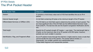 © 2020 Cisco and/or its affiliates.All rights reserved. Cisco Confidential
IP PDU Details
The IPv4 Packet Header
IPv4 Header Field Description
Version It contains a 4-bit binary value set to 0100 that identifies this as an IPv4
packet.
Internet Header length A 4-bit field containing 20 bytes is the minimum length of the IP header.
Differentiated Services or DiffServ (DS) The DS field is an 8-bit field used to determine the priority of each packet. The
six most significant bits of the DS field are the Differentiated Services Code
Point (DSCP). The last two bits are the Explicit Congestion Notification (ECN)
bits.
Total length Specify the IP packet's length (IP header + user data). The total length field is
2 bytes, so the maximum size of an IP packet is 65,535 bytes; however,
packets are much smaller in practice.
Identification, Flag, and Fragment offset As an IP packet moves through the internet, it might need to cross a route that
cannot handle the size of the packet. The packet will be divided, or
fragmented, into smaller packets and reassembled later.
These fields fragment and reassemble packets.
13
 