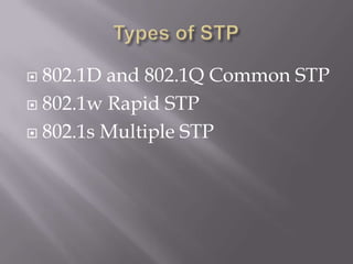  802.1D and 802.1Q Common STP
 802.1w Rapid STP

 802.1s Multiple STP
 