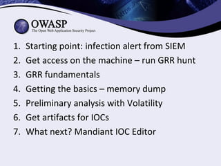 1. Starting point: infection alert from SIEM
2. Get access on the machine – run GRR hunt
3. GRR fundamentals
4. Getting th...