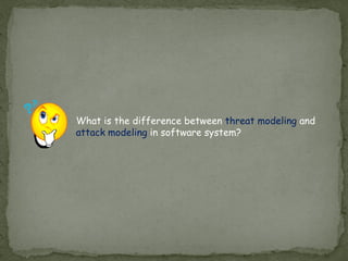 What is the difference between threat modeling and
attack modeling in software system?
 