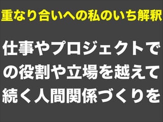 仕事やプロジェクトで
の役割や立場を越えて
続く人間関係づくりを
重なり合いへの私のいち解釈
 