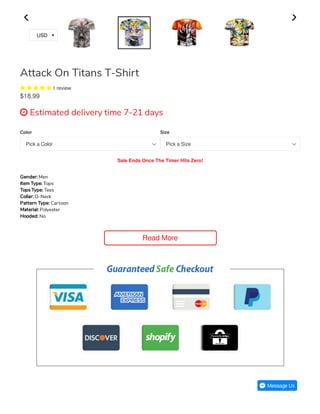 Attack On Titans T-Shirt
     1 review
$18.99
 Estimated delivery time 7-21 days
Color
Pick a Color
Size
Pick a Size
Sale Ends Once The Timer Hits Zero!
Read More
Gender:Men
Item Type:Tops
Tops Type:Tees
Collar:O-Neck
Pattern Type:Cartoon
Material:Polyester
Hooded:No
USD
 