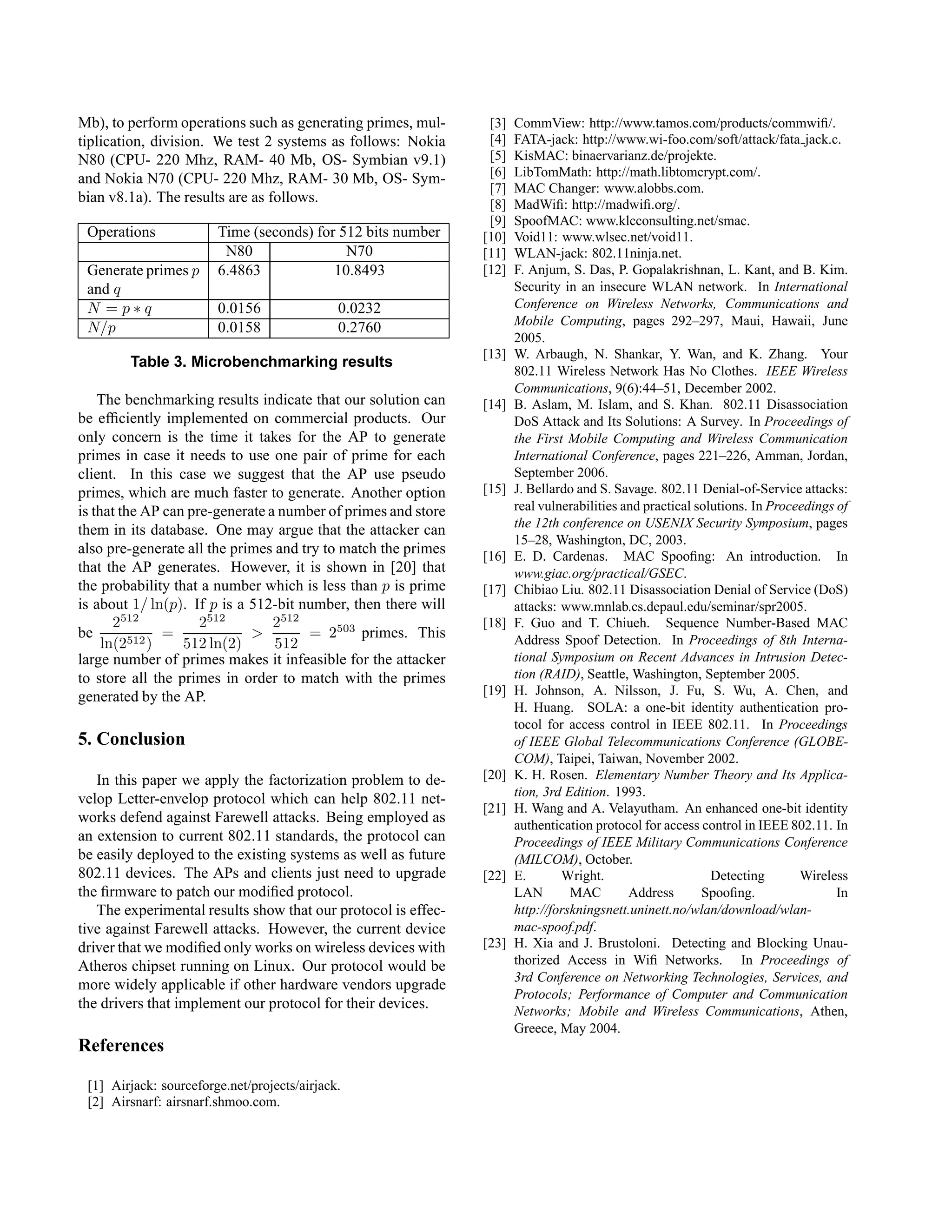 Mb), to perform operations such as generating primes, mul-
tiplication, division. We test 2 systems as follows: Nokia
N80 (CPU- 220 Mhz, RAM- 40 Mb, OS- Symbian v9.1)
and Nokia N70 (CPU- 220 Mhz, RAM- 30 Mb, OS- Sym-
bian v8.1a). The results are as follows.
Operations Time (seconds) for 512 bits number
N80 N70
Generate primes p
and q
6.4863 10.8493
N = p ∗ q 0.0156 0.0232
N/p 0.0158 0.2760
Table 3. Microbenchmarking results
The benchmarking results indicate that our solution can
be efﬁciently implemented on commercial products. Our
only concern is the time it takes for the AP to generate
primes in case it needs to use one pair of prime for each
client. In this case we suggest that the AP use pseudo
primes, which are much faster to generate. Another option
is that the AP can pre-generate a number of primes and store
them in its database. One may argue that the attacker can
also pre-generate all the primes and try to match the primes
that the AP generates. However, it is shown in [20] that
the probability that a number which is less than p is prime
is about 1/ ln(p). If p is a 512-bit number, then there will
be
2512
ln(2512)
=
2512
512 ln(2)
>
2512
512
= 2503
primes. This
large number of primes makes it infeasible for the attacker
to store all the primes in order to match with the primes
generated by the AP.
5. Conclusion
In this paper we apply the factorization problem to de-
velop Letter-envelop protocol which can help 802.11 net-
works defend against Farewell attacks. Being employed as
an extension to current 802.11 standards, the protocol can
be easily deployed to the existing systems as well as future
802.11 devices. The APs and clients just need to upgrade
the ﬁrmware to patch our modiﬁed protocol.
The experimental results show that our protocol is effec-
tive against Farewell attacks. However, the current device
driver that we modiﬁed only works on wireless devices with
Atheros chipset running on Linux. Our protocol would be
more widely applicable if other hardware vendors upgrade
the drivers that implement our protocol for their devices.
References
[1] Airjack: sourceforge.net/projects/airjack.
[2] Airsnarf: airsnarf.shmoo.com.
[3] CommView: http://www.tamos.com/products/commwiﬁ/.
[4] FATA-jack: http://www.wi-foo.com/soft/attack/fata jack.c.
[5] KisMAC: binaervarianz.de/projekte.
[6] LibTomMath: http://math.libtomcrypt.com/.
[7] MAC Changer: www.alobbs.com.
[8] MadWiﬁ: http://madwiﬁ.org/.
[9] SpoofMAC: www.klcconsulting.net/smac.
[10] Void11: www.wlsec.net/void11.
[11] WLAN-jack: 802.11ninja.net.
[12] F. Anjum, S. Das, P. Gopalakrishnan, L. Kant, and B. Kim.
Security in an insecure WLAN network. In International
Conference on Wireless Networks, Communications and
Mobile Computing, pages 292–297, Maui, Hawaii, June
2005.
[13] W. Arbaugh, N. Shankar, Y. Wan, and K. Zhang. Your
802.11 Wireless Network Has No Clothes. IEEE Wireless
Communications, 9(6):44–51, December 2002.
[14] B. Aslam, M. Islam, and S. Khan. 802.11 Disassociation
DoS Attack and Its Solutions: A Survey. In Proceedings of
the First Mobile Computing and Wireless Communication
International Conference, pages 221–226, Amman, Jordan,
September 2006.
[15] J. Bellardo and S. Savage. 802.11 Denial-of-Service attacks:
real vulnerabilities and practical solutions. In Proceedings of
the 12th conference on USENIX Security Symposium, pages
15–28, Washington, DC, 2003.
[16] E. D. Cardenas. MAC Spooﬁng: An introduction. In
www.giac.org/practical/GSEC.
[17] Chibiao Liu. 802.11 Disassociation Denial of Service (DoS)
attacks: www.mnlab.cs.depaul.edu/seminar/spr2005.
[18] F. Guo and T. Chiueh. Sequence Number-Based MAC
Address Spoof Detection. In Proceedings of 8th Interna-
tional Symposium on Recent Advances in Intrusion Detec-
tion (RAID), Seattle, Washington, September 2005.
[19] H. Johnson, A. Nilsson, J. Fu, S. Wu, A. Chen, and
H. Huang. SOLA: a one-bit identity authentication pro-
tocol for access control in IEEE 802.11. In Proceedings
of IEEE Global Telecommunications Conference (GLOBE-
COM), Taipei, Taiwan, November 2002.
[20] K. H. Rosen. Elementary Number Theory and Its Applica-
tion, 3rd Edition. 1993.
[21] H. Wang and A. Velayutham. An enhanced one-bit identity
authentication protocol for access control in IEEE 802.11. In
Proceedings of IEEE Military Communications Conference
(MILCOM), October.
[22] E. Wright. Detecting Wireless
LAN MAC Address Spooﬁng. In
http://forskningsnett.uninett.no/wlan/download/wlan-
mac-spoof.pdf.
[23] H. Xia and J. Brustoloni. Detecting and Blocking Unau-
thorized Access in Wiﬁ Networks. In Proceedings of
3rd Conference on Networking Technologies, Services, and
Protocols; Performance of Computer and Communication
Networks; Mobile and Wireless Communications, Athen,
Greece, May 2004.
 