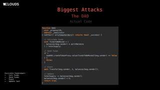 Biggest Attacks
The DAO
Actual Code
Invisible Cheatsheet:
- Calc funds
- Send funds
- Event
- Update last
 