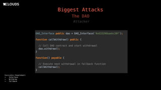 Biggest Attacks
The DAO
Attacker
Invisible Cheatsheet:
- Interface
- Withdraw
- Fallback
 