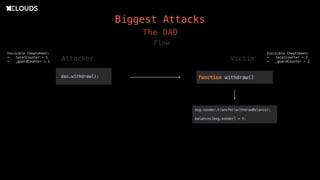 Biggest Attacks
The DAO
Flow
Attacker Victim
Invisible Cheatsheet:
- localCounter = 1
- _guardCounter = 1
Invisible Cheatsheet:
- localCounter = 2
- _guardCounter = 2
 