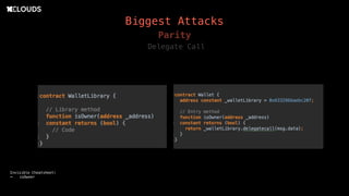 Biggest Attacks
Delegate Call
Parity
Invisible Cheatsheet:
- isOwner
 