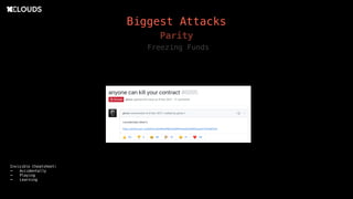 Biggest Attacks
Freezing Funds
Parity
Invisible Cheatsheet:
- Accidentally
- Playing
- Learning
 