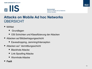 Seminararbeit
                                           Attacks on Mobile Ad hoc Networks
                                           Zdravko Danailov




Attacks on Mobile Ad hoc Networks
ÜBERSICHT
   MANet
        Grundlagen
        OSI Schichten und Klassifizierung der Attacken
   Attacken auf Bitübertragungsschicht
        Eavesdropping, Jamming/Interception
   Attacken auf Vermittlungsschicht
        Blackhole Attacke
        Link Spoofing Attacke
        Wormhole Attacke
   Fazit
                                                                               13
 