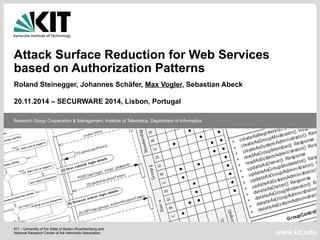 Research Group Cooperation & Management, Institute of Telematics, Department of Informatics 
KIT – University of the State of Baden-Wuerttemberg and 
National Research Center of the Helmholtz Association 
www.kit.edu 
Attack Surface Reduction for Web Services 
based on Authorization Patterns 
Roland Steinegger, Johannes Schäfer, Max Vogler, Sebastian Abeck 
20.11.2014 – SECURWARE 2014, Lisbon, Portugal 
 