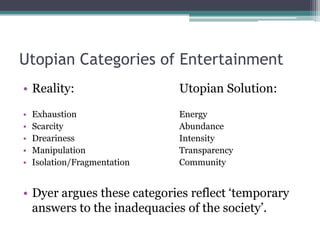 Utopian Categories of Entertainment
• Reality:                    Utopian Solution:
•   Exhaustion                Energy
•   Scarcity                  Abundance
•   Dreariness                Intensity
•   Manipulation              Transparency
•   Isolation/Fragmentation   Community


• Dyer argues these categories reflect „temporary
  answers to the inadequacies of the society‟.
 