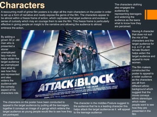 Having A character
that dose not suit
the mix of the
characters and the
target audience for
e.g. a 21 yr. old
female Student
helps widen the
target audience and
appeal to more
women.
A reoccurring motif of grime film posters is to align all the main characters on the poster in order
to set up a form of narrative and neatly expose the genre of the film. The characters appear to
be almost within a freeze frame of action, which captivates the target audience and evokes a
sense of curiosity which may en courage them to see the film. This freeze frame is particularly
effective in giving people an insight to the narrative and allowing the audience to almost
embrace the action.
By adding a
grown 30 yr. old
man who is
presented a
stoner
unemployed
lazy man this
helps widen the
target audience
as unemployed
men what to
see how they
are represented
and also
widens the
audience with
the comedy
aspect of his
characters role.
The characters on the poster have been conducted to
appeal to the target audience by putting all the teenagers
together it conveys an image of a gangs which widens the
target audience as young people would like to see how they
are portrayed.
The film makers
constructed the
poster to appeal to
a wider audience
as the characters
are all from
different ethnic
background which
suggest that the
movie conveys
ethnic stereotype
which make
people want to see
how they are
presented in the
film
The character in the middles Posture suggest to
the audience that he is a leading character this
helps attack the target audience as it will appeal
to the teenage audience
The characters clothing
also engages the
audience by
representing teenagers
and widening the
audience as the teens
what to know how they
are perceived.
 