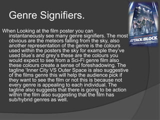 Genre Signifiers.
When Looking at the film poster you can
instantaneously see many genre signifiers. The most
obvious are the meteors falling from the sky, also
another representation of the genre is the colours
used within the posters the sky for example they’ve
used blue’s and grey’s these are the colours you
would expect to see from a Sci-Fi genre film also
these colours create a sense of foreshadowing. The
tagline ‘Inner City VS Outer Space is also suggestive
of the films genre this will help the audience pick if
they want to see the film or not this is because not
every genre is appealing to each individual. The
tagline also suggests that there is going to be action
within the film also suggesting that the film has
sub/hybrid genres as well.
 