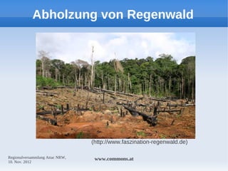Abholzung von Regenwald




                                 (http://www.faszination-regenwald.de)

Regionalversammlung Attac NRW,    www.commons.at
10. Nov. 2012
 