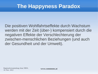 The Happyness Paradox


 Die positiven Wohlfahrtseffekte durch Wachstum
 werden mit der Zeit (über-) kompensiert durch die
 negativen Effekte der Verschlechterung der
 zwischen-menschlichen Beziehungen (und auch
 der Gesundheit und der Umwelt).




Regionalversammlung Attac NRW,   www.commons.at
10. Nov. 2012
 