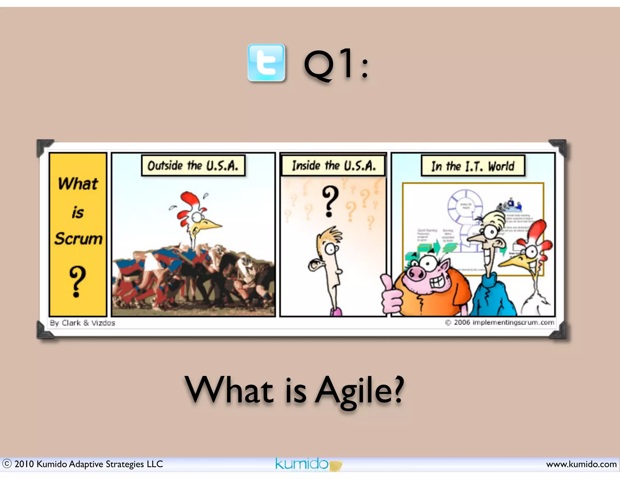 Q1:




                                      What is Agile?
2010 Kumido Adaptive Strategies LLC                    www.kumido.com
 