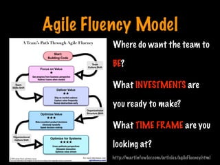 Agile Fluency Model
Team
Culture Shift
Start:
Building Code
A Team’s Path Through Agile Fluency
Focus on Value
★
See progress from business perspective
Redirect teams when needed
Deliver Value
★★
Ship on market cadence
Capture value frequently
Reveal obstructions early
Optimize Value
★★★
Make excellent product decisions
Eliminate handoffs
Speed decision making
Optimize for Systems
★★★★
Cross-pollinate perspectives
Stimulate innovation
Optimize value stream
Team
Skills Shift
Organizational
Structure Shift
Organizational
Culture Shift
For more information, visit:
agileﬂuency.com
© 2012 James Shore and Diana Larsen.
You may reproduce this diagram in any form so long as this copyright notice is preserved.
Where do want the team to
BE?
What INVESTMENTS are
you ready to make?
What TIME FRAME are you
looking at?
http://martinfowler.com/articles/agileFluency.html
Print only if necessary
 