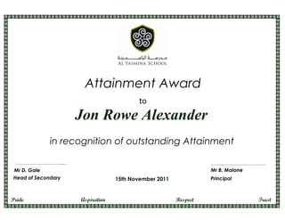 Attainment Award
                                         to
                    Jon Rowe Alexander
             in recognition of outstanding Attainment

 …………………………………..…                                               ………..………………………………
Mr D. Gale                                                      Mr B. Malone
Head of Secondary                15th November 2011             Principal



Pride               Aspiration                        Respect                  Trust
 