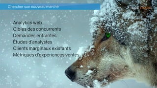 Chercher son nouveau marché
Analytics web
Cibles des concurrents
Demandes entrantes
Études d’analystes
Clients marginaux existants
Métriques d’expériences ventes
 