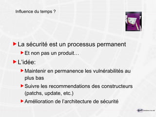 Influence du temps ? La sécurité est un processus permanent Et non pas un produit… L’idée: Maintenir en permanence les vulnérabilités au plus bas Suivre les recommendations des constructeurs (patchs, update, etc.) Amélioration de l’architecture de sécurité 