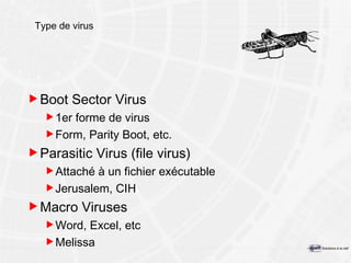 Type de virus Boot Sector Virus 1er forme de virus Form, Parity Boot, etc. Parasitic Virus (file virus) Attaché à un fichier exécutable Jerusalem, CIH Macro Viruses Word, Excel, etc Melissa 