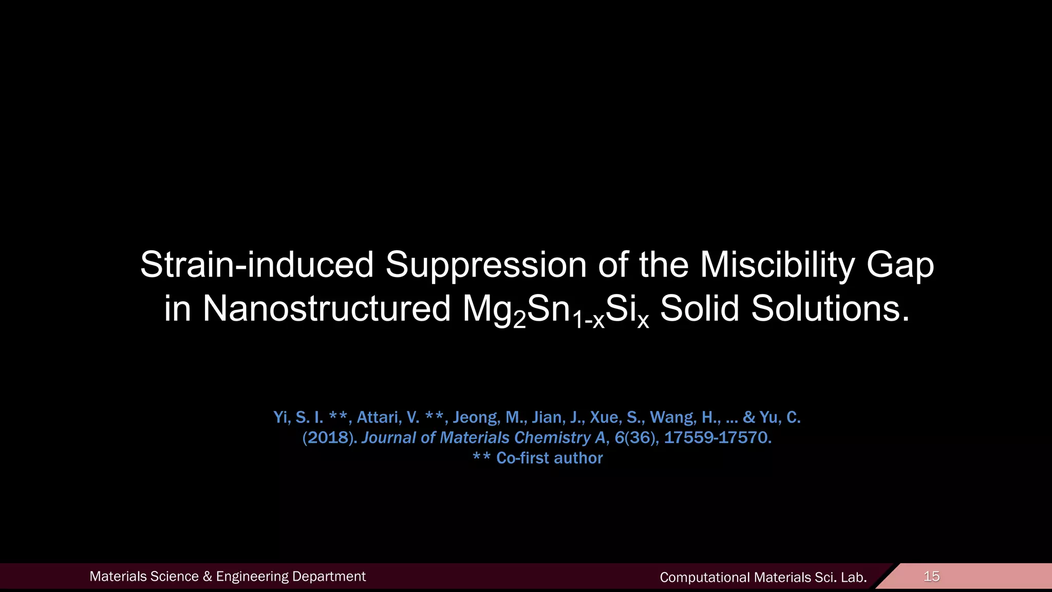 15Materials Science & Engineering Department Computational Materials Sci. Lab. 15
Strain-induced Suppression of the Miscibility Gap
in Nanostructured Mg2Sn1-xSix Solid Solutions.
Yi, S. I. **, Attari, V. **, Jeong, M., Jian, J., Xue, S., Wang, H., ... & Yu, C.
(2018). Journal of Materials Chemistry A, 6(36), 17559-17570.
** Co-first author
 