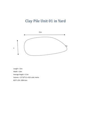 Clay Pile Unit 01 in Yard
15m
10m
a
Length = 15m
Width = 10m
Average Height = 5.5m
Volume = 15*10*5.5= 825 cubic metre
825*1.29= 1064 tons
 