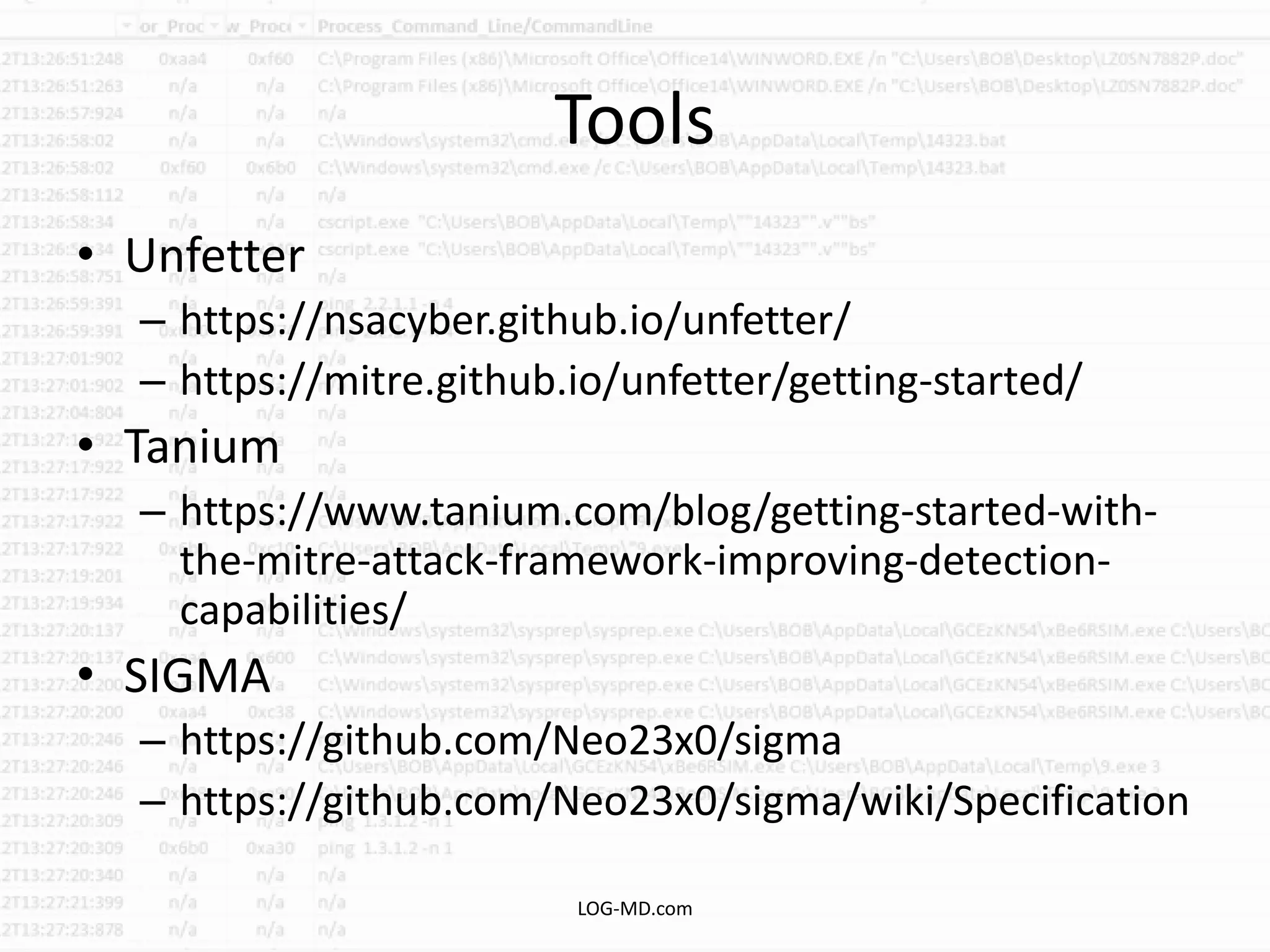 Tools
• Unfetter
– https://nsacyber.github.io/unfetter/
– https://mitre.github.io/unfetter/getting-started/
• Tanium
– https://www.tanium.com/blog/getting-started-with-
the-mitre-attack-framework-improving-detection-
capabilities/
• SIGMA
– https://github.com/Neo23x0/sigma
– https://github.com/Neo23x0/sigma/wiki/Specification
LOG-MD.com
 
