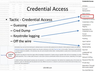 Credential Access
• Tactic - Credential Access
– Guessing
– Cred Dump
– Keystroke logging
– Off the wire
LOG-MD.com
 