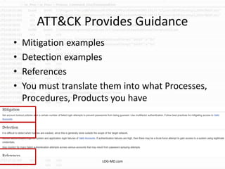 ATT&CK Provides Guidance
• Mitigation examples
• Detection examples
• References
• You must translate them into what Processes,
Procedures, Products you have
LOG-MD.com
 