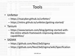 Tools
• Unfetter
– https://nsacyber.github.io/unfetter/
– https://mitre.github.io/unfetter/getting-started/
• Tanium
– https://www.tanium.com/blog/getting-started-with-
the-mitre-attack-framework-improving-detection-
capabilities/
• SIGMA
– https://github.com/Neo23x0/sigma
– https://github.com/Neo23x0/sigma/wiki/Specification
LOG-MD.com
 