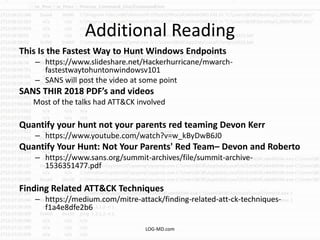 Additional Reading
This Is the Fastest Way to Hunt Windows Endpoints
– https://www.slideshare.net/Hackerhurricane/mwarch-
fastestwaytohuntonwindowsv101
– SANS will post the video at some point
SANS THIR 2018 PDF’s and videos
Most of the talks had ATT&CK involved
Quantify your hunt not your parents red teaming Devon Kerr
– https://www.youtube.com/watch?v=w_kByDwB6J0
Quantify Your Hunt: Not Your Parents' Red Team– Devon and Roberto
– https://www.sans.org/summit-archives/file/summit-archive-
1536351477.pdf
Finding Related ATT&CK Techniques
– https://medium.com/mitre-attack/finding-related-att-ck-techniques-
f1a4e8dfe2b6
LOG-MD.com
 
