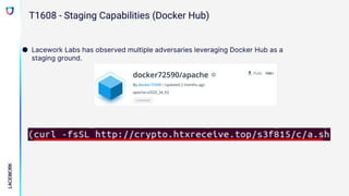 ● Lacework Labs has observed multiple adversaries leveraging Docker Hub as a
staging ground.
T1608 - Staging Capabilities (Docker Hub)
 