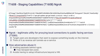 ● Ngrok - legitimate utility for proxying local connections to public facing services
(T1090).
○ Target users are developers that want to expose something locally on the internet.
○ Think of it as reverse ssh tunnels-as-a-service
● How adversaries abuse it:
○ Hosting payloads behind ngrok.
■ Free tier/paid tiers exist.
○ Avoids having to setup infrastructure beyond a VM.
T1608 - Staging Capabilities (T1608) Ngrok
 