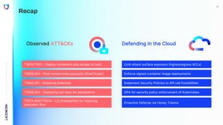 ©
2022,
Lacework
Inc.
All
Rights
Reserved. 26
Recap
Observed ATT&CKs
T1610/T1611 - Deploy containers and escape to host.
T1059.004 - Post-compromise payloads (Shell Script)
T1562.001 - Impairing Defenses
T1098.004 - Deploying ssh keys for persistence
T1574.006/T10014 - LD_Preload/KOs for hijacking
execution flow
Defending In the Cloud
Limit attack surface exposure (ingress/egress ACLs)
Enforce signed container image deployments
Implement Security Policies to API call Possibilities
OPA for security policy enforcement of Kubernetes
Proactive Defense via Honey Tokens
 